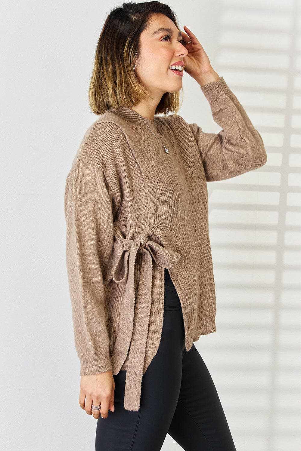 Chic slit tied dropped shoulder sweater