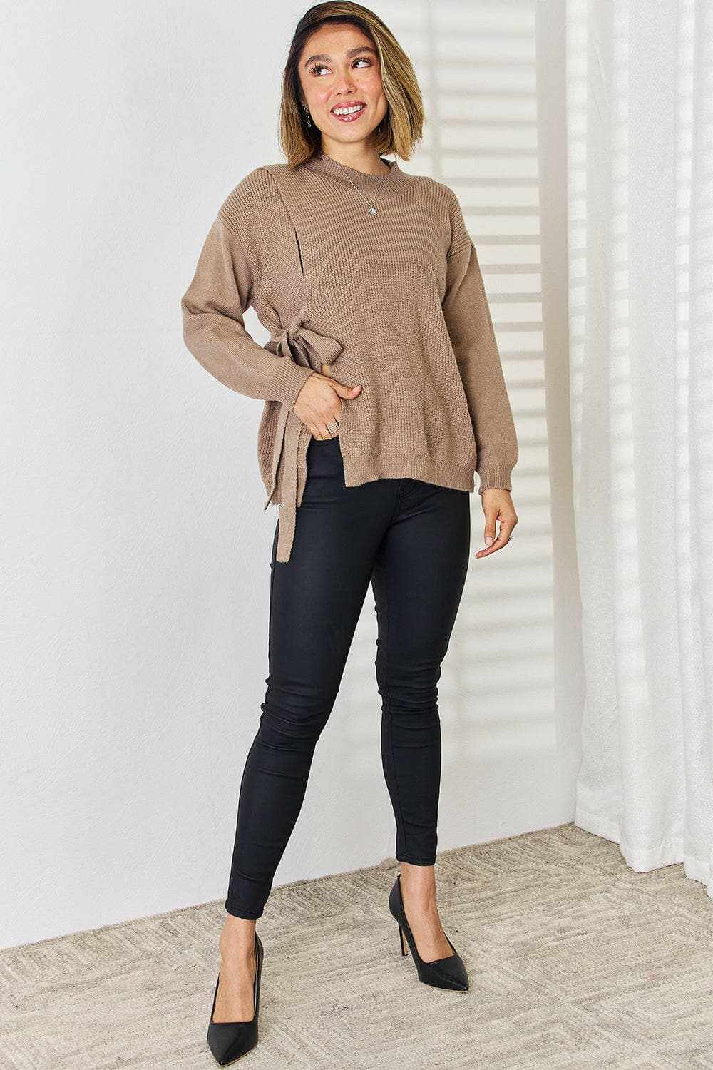 Chic slit tied dropped shoulder sweater