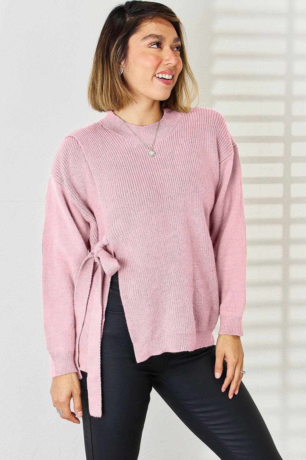 Chic slit tied dropped shoulder sweater