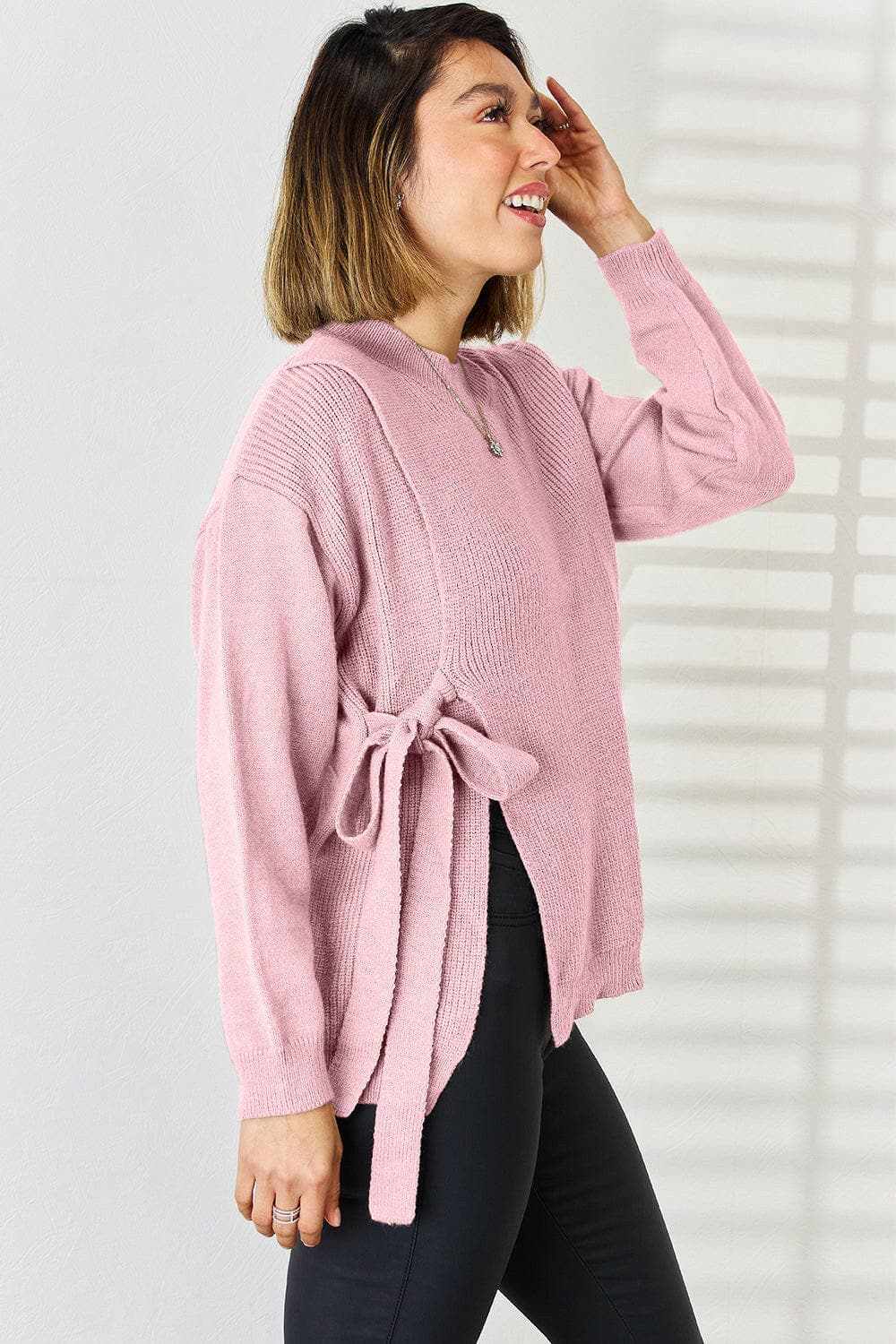 Chic slit tied dropped shoulder sweater