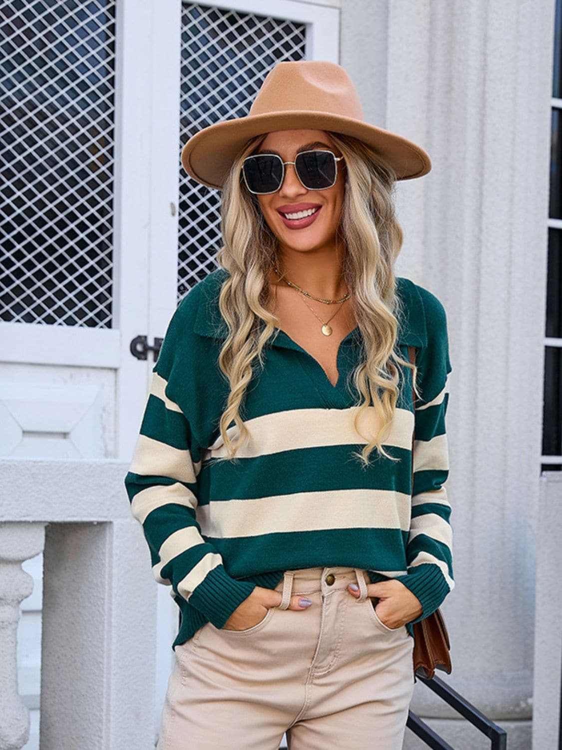 Chic striped knit top with collar