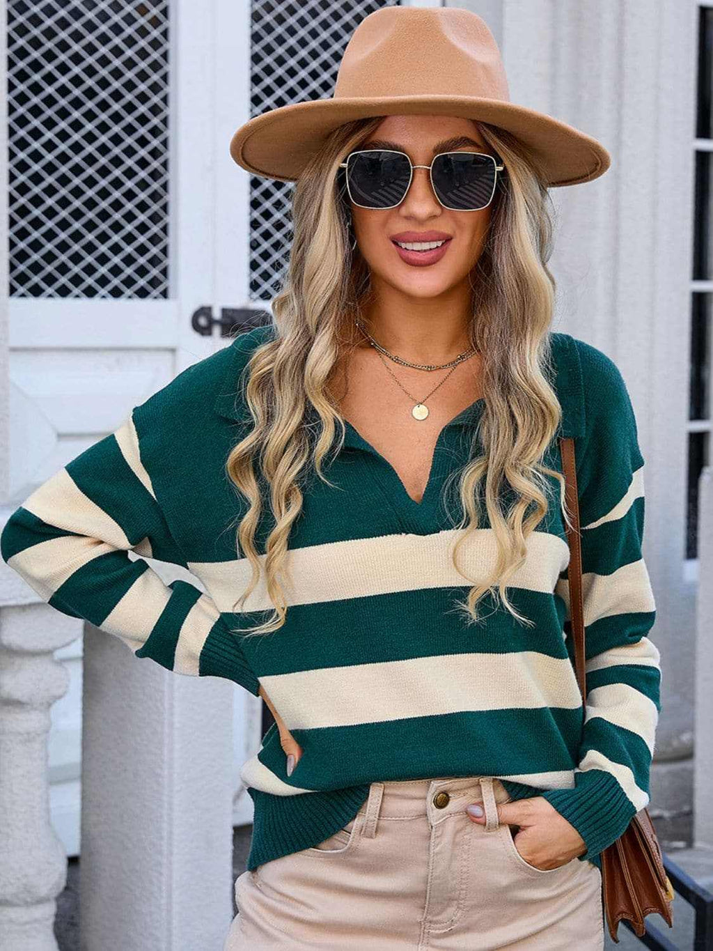 Chic striped knit top with collar