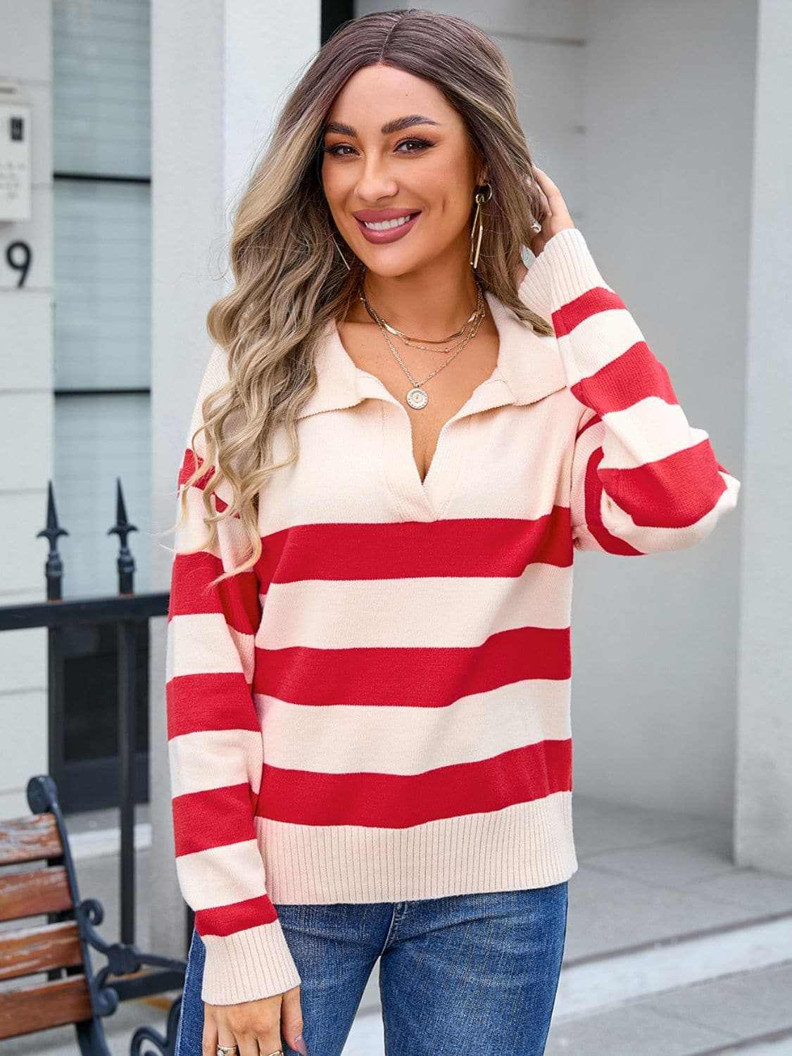 Chic striped knit top with collar
