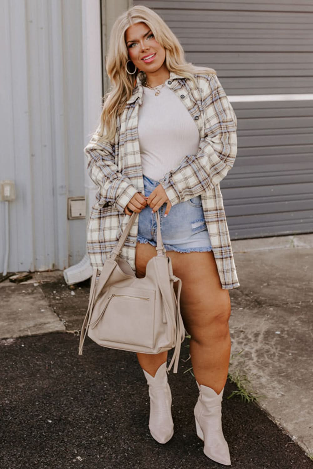 Chic white plaid plus size shacket