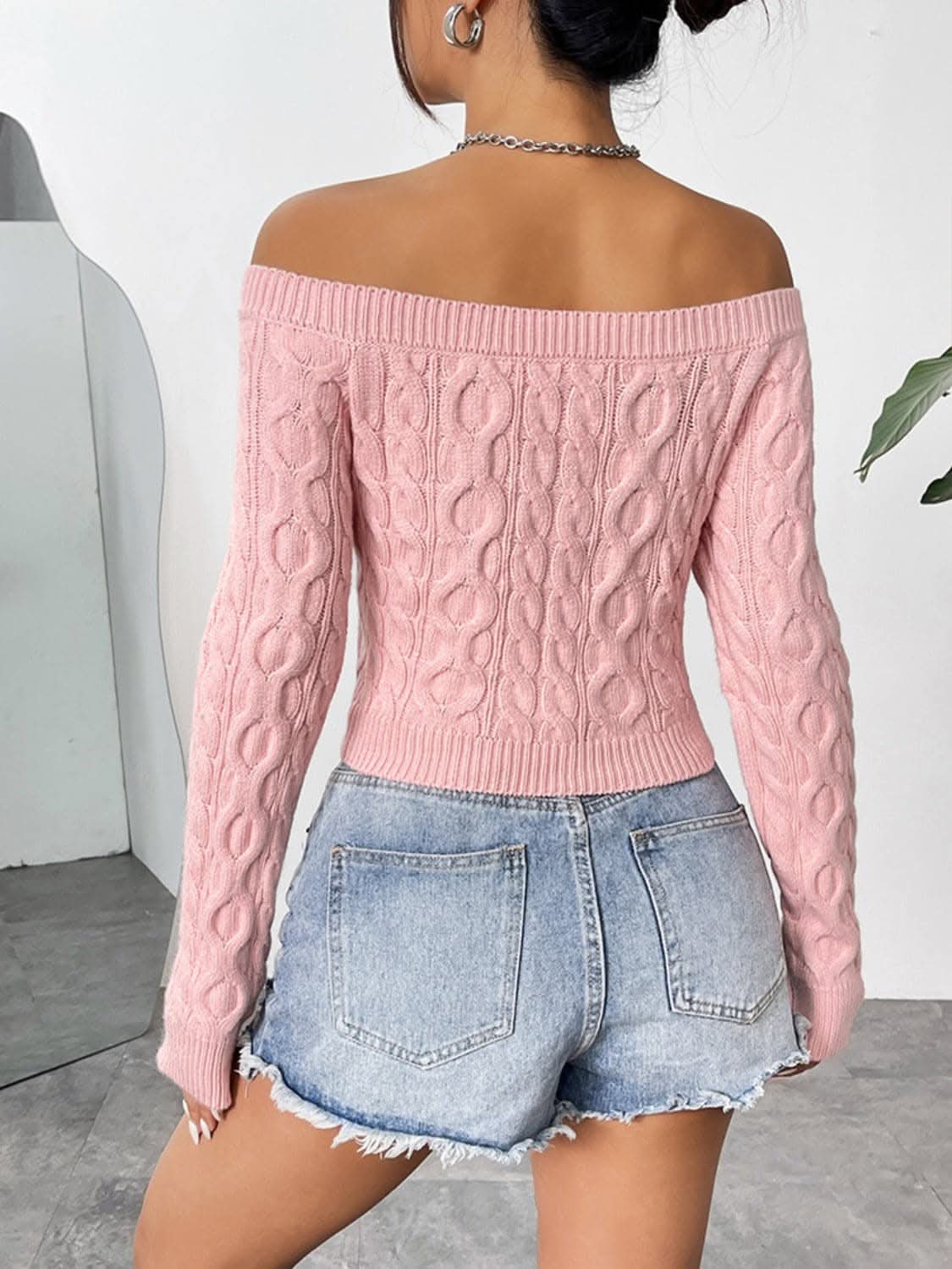 Cozy off-shoulder cable-knit top