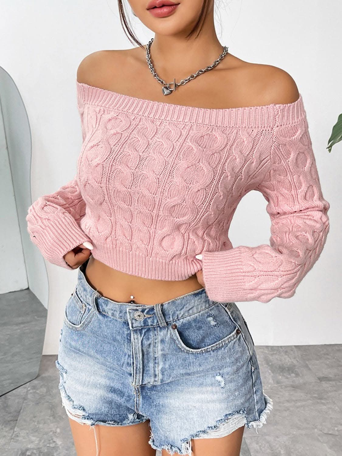 Cozy off-shoulder cable-knit top