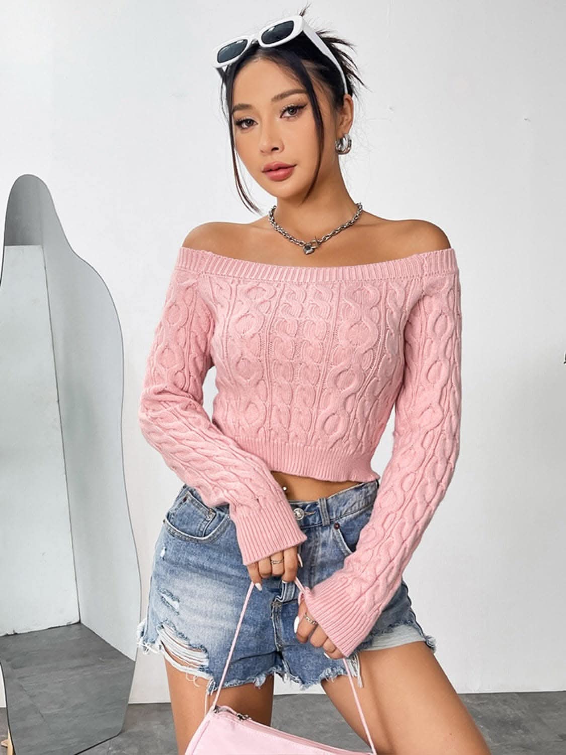 Cozy off-shoulder cable-knit top