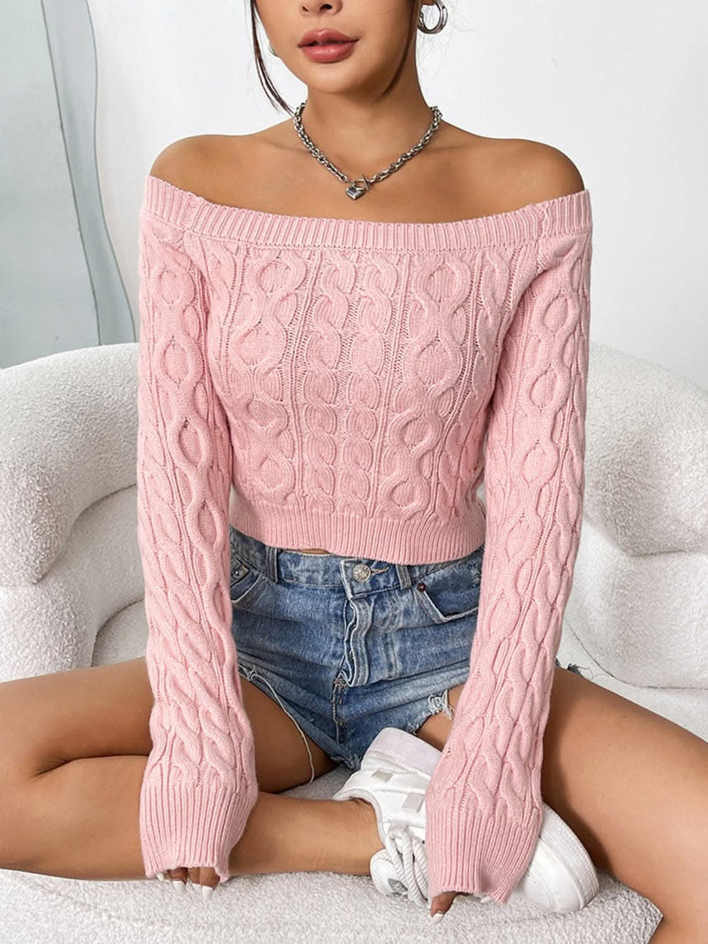 Cozy off-shoulder cable-knit top