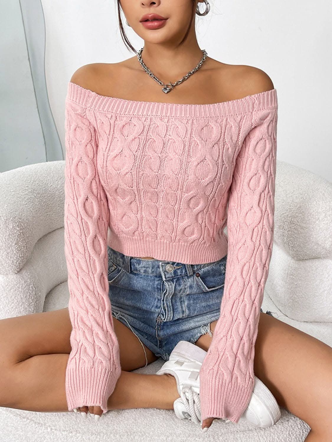 Cozy off-shoulder cable-knit top