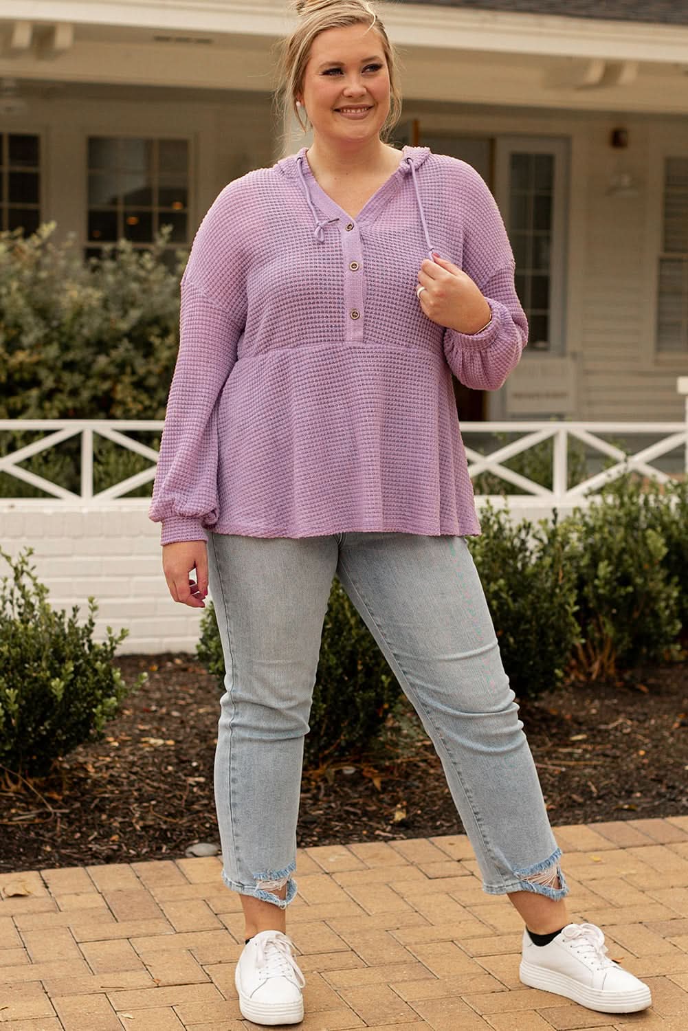 Cozy plus size hooded top with buttons
