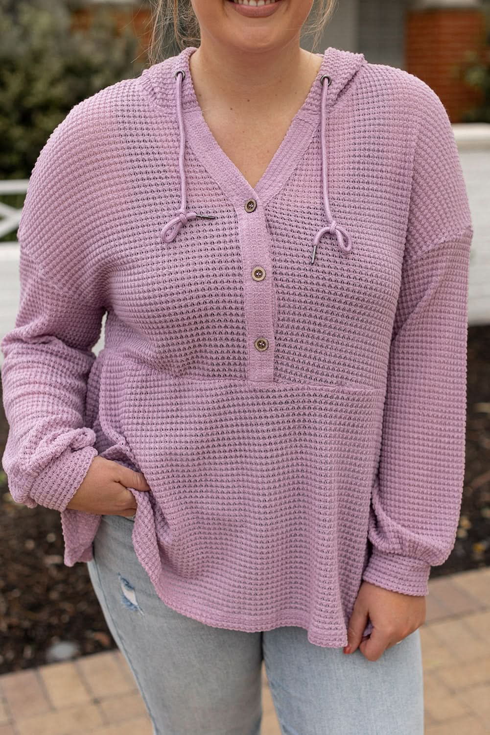 Cozy plus size hooded top with buttons