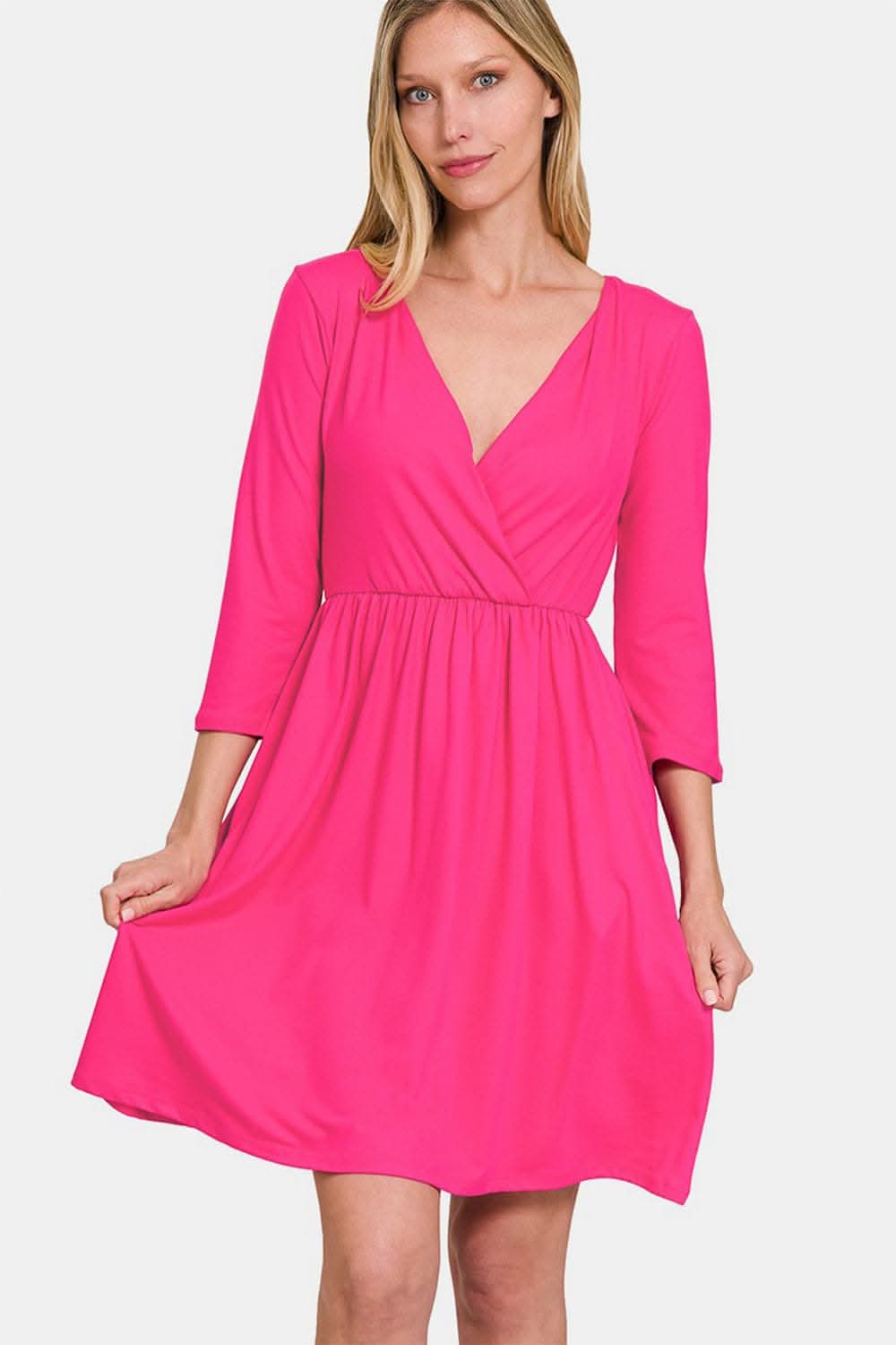 Elegant Surplice Dress with Pockets and Three-Quarter Sleeves