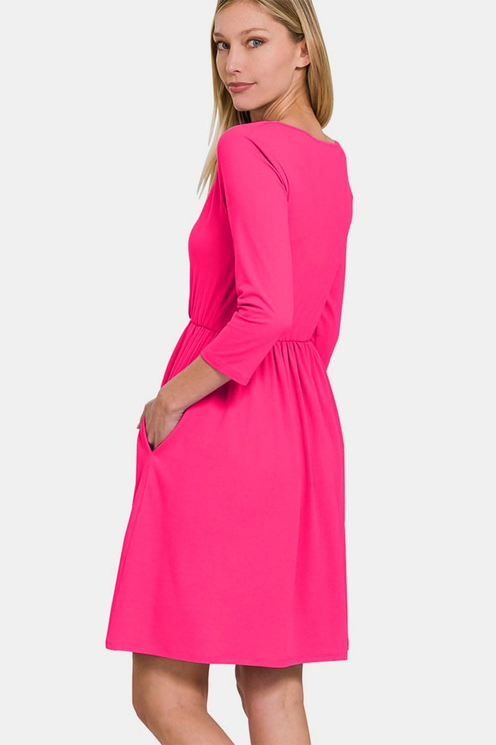 Elegant Surplice Dress with Pockets and Three-Quarter Sleeves