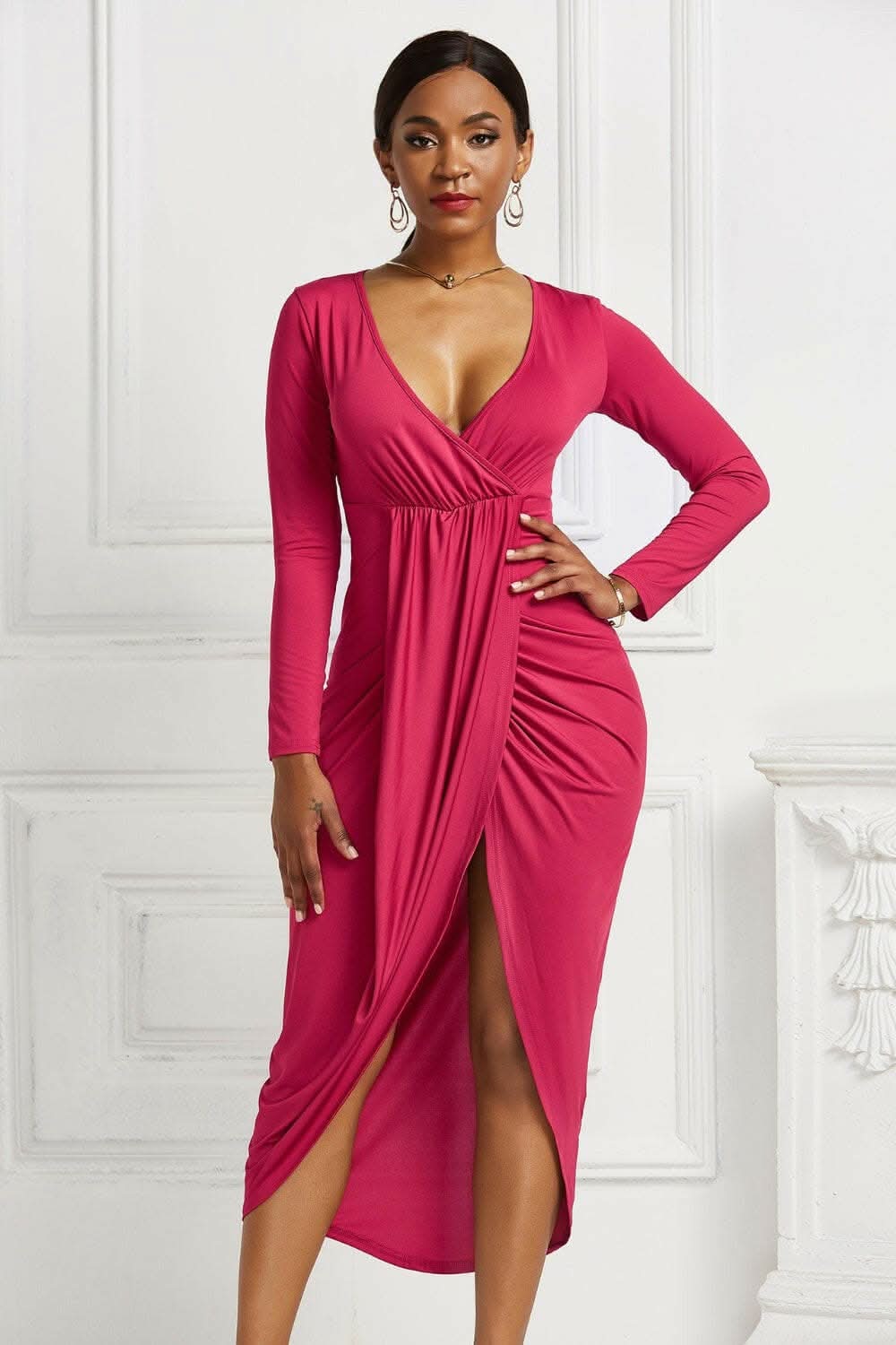 Elegant ruched surplice dress