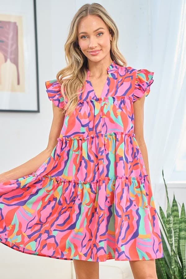 First Love Full Size Printed Ruffle Cap Sleeve Dress