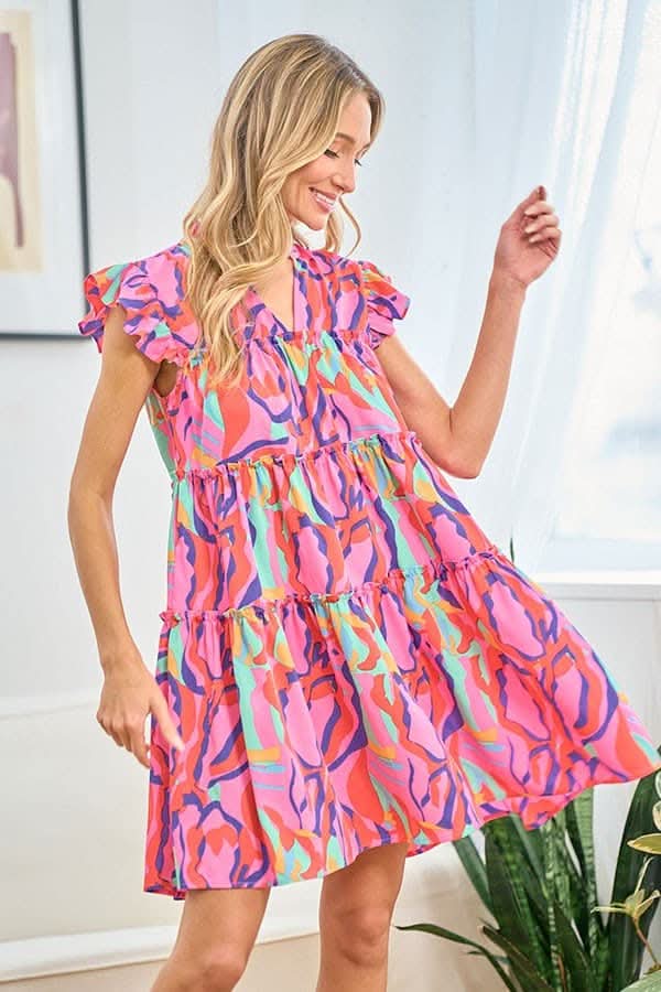 First Love Full Size Printed Ruffle Cap Sleeve Dress