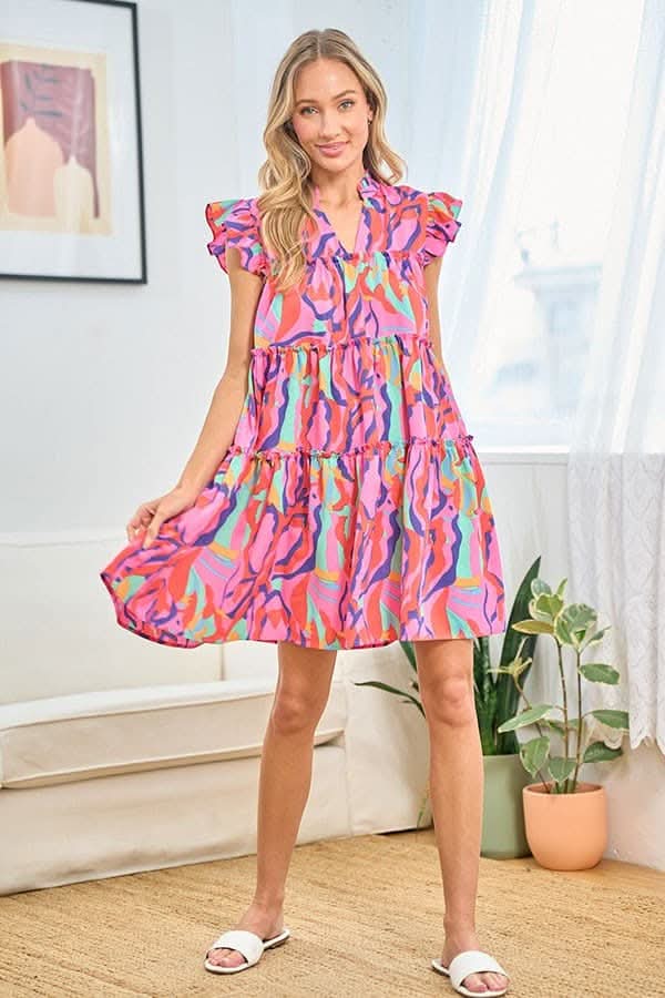First Love Full Size Printed Ruffle Cap Sleeve Dress