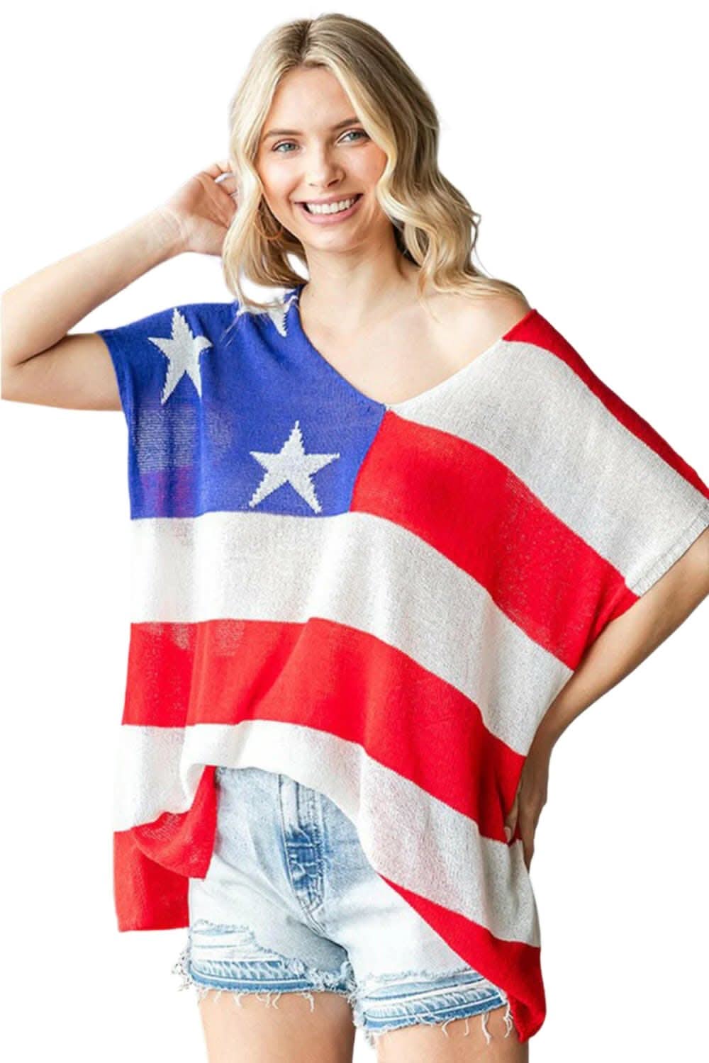 First Love Full Size USA Flag Drop Shoulder Knit Top