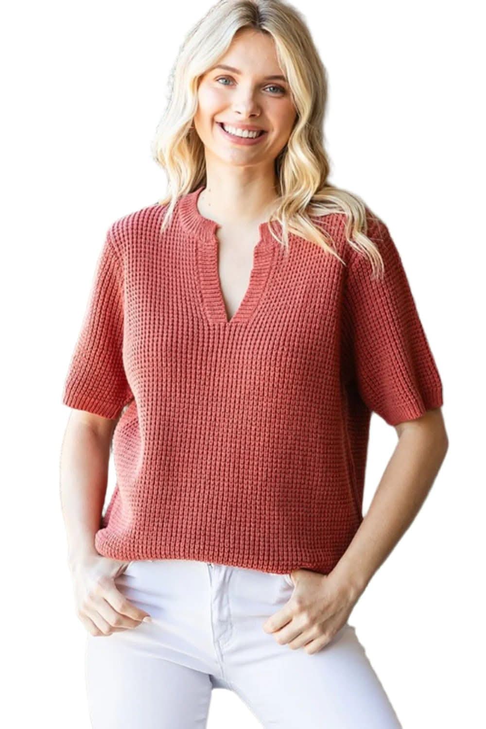 First Love Notched Short Sleeve Knit Top