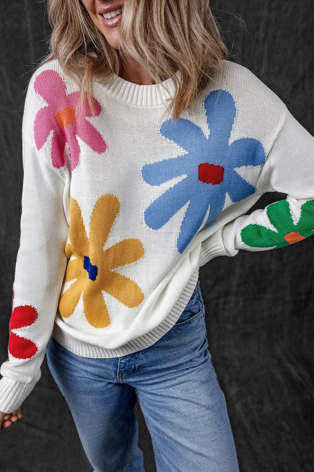 Floral Sweater with Dropped Shoulders