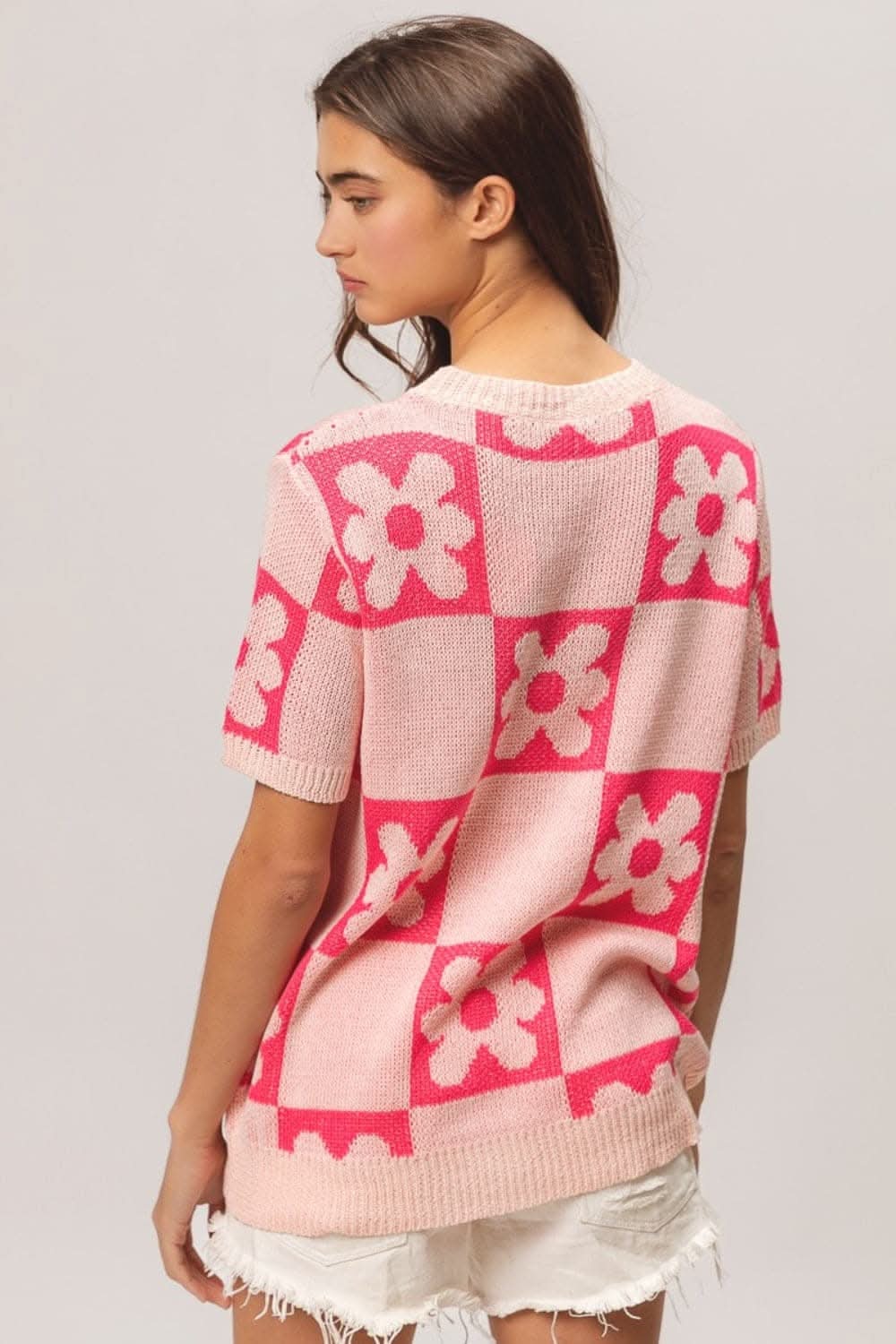 Floral and checker pattern short sleeve sweater by BiBi