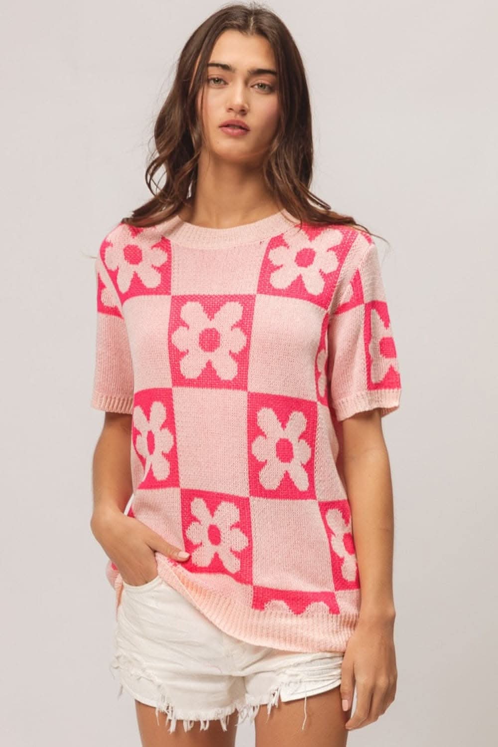 Floral and checker pattern short sleeve sweater by BiBi