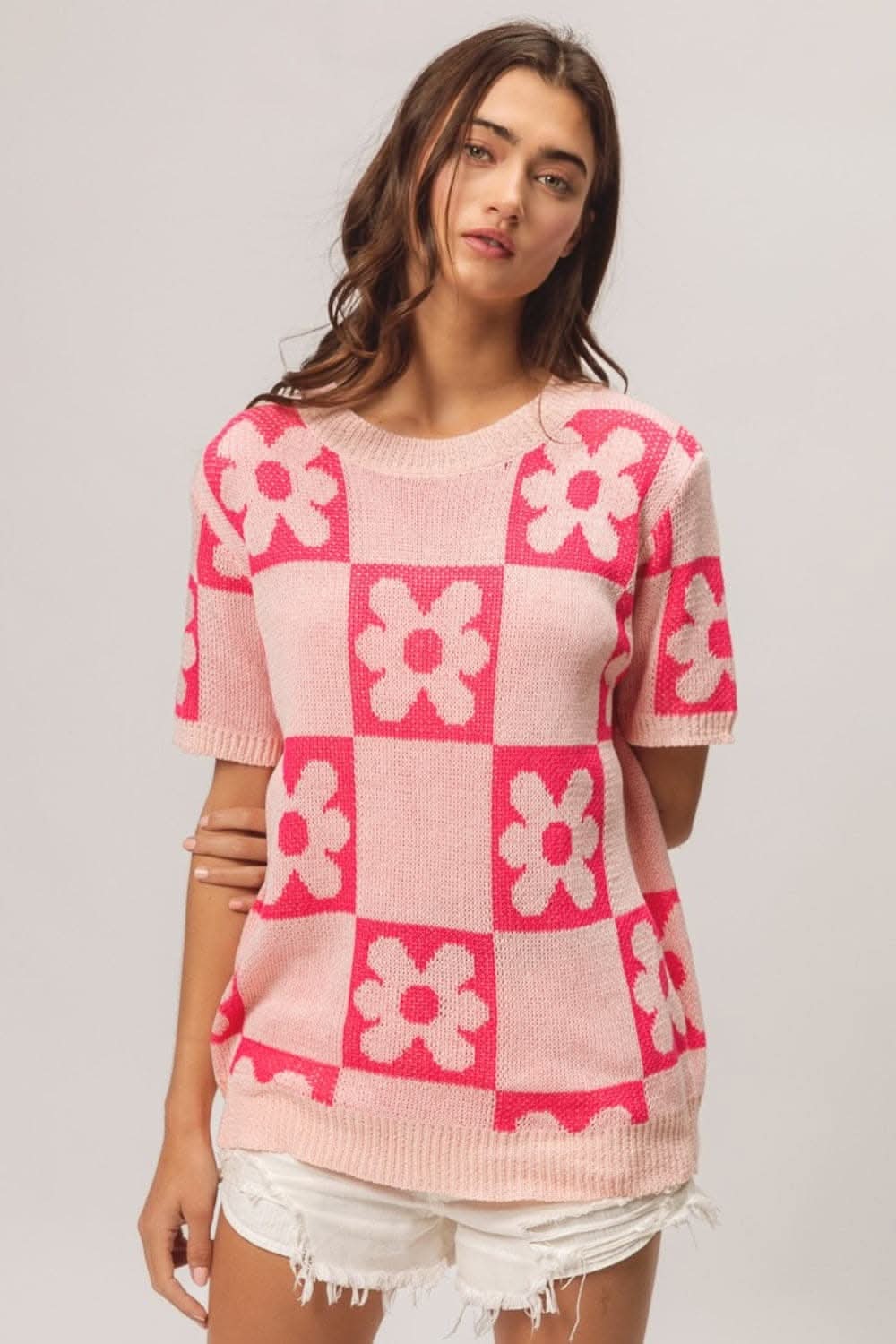 Floral and checker pattern short sleeve sweater by BiBi