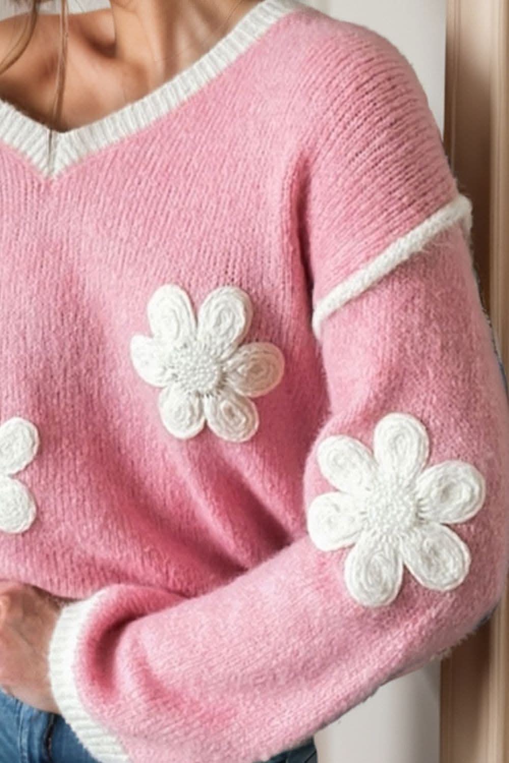 Floral v-neck dropped shoulder sweater