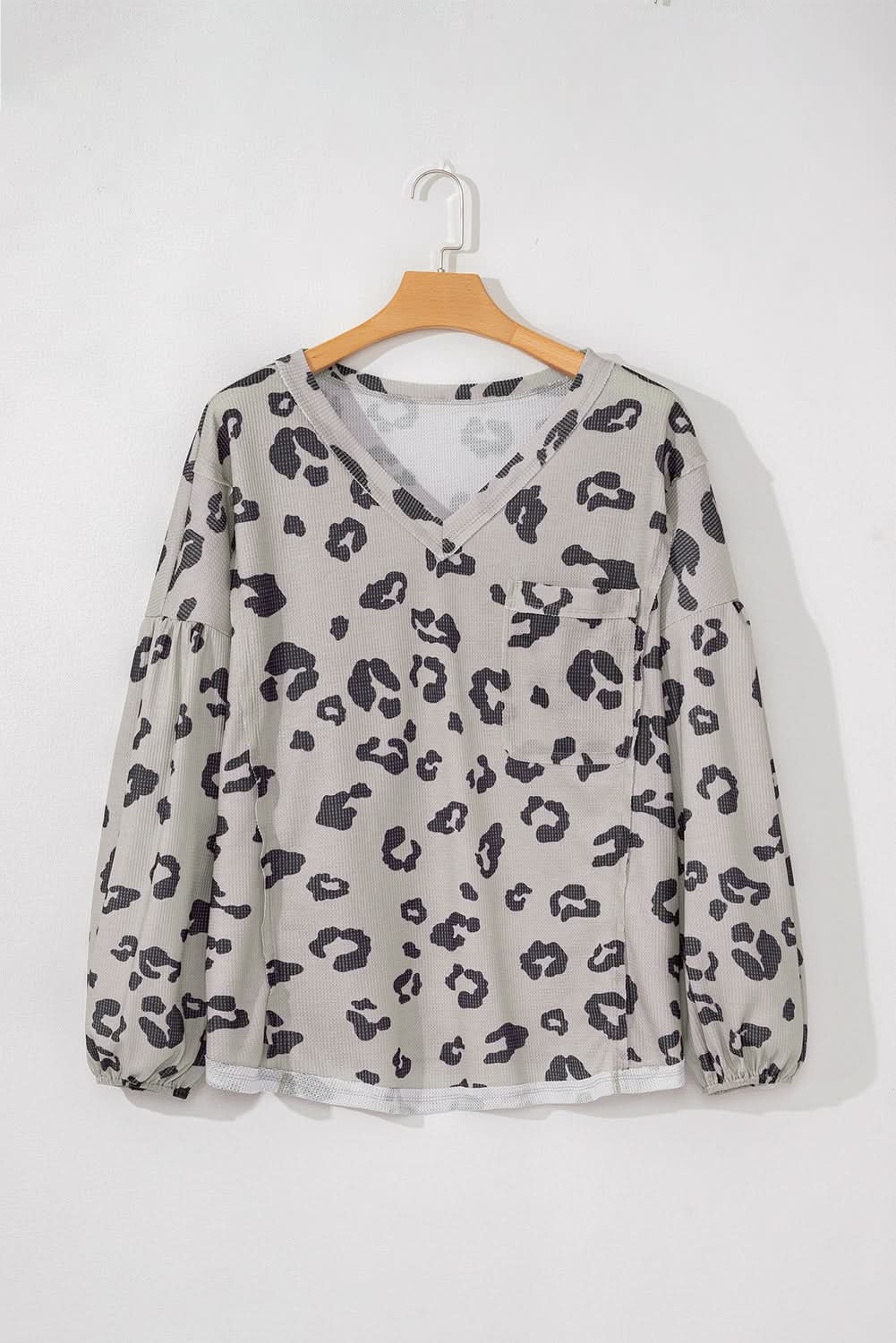 Gray Printed Leopard Balloon Sleeve Thermal Knit Plus Size Top