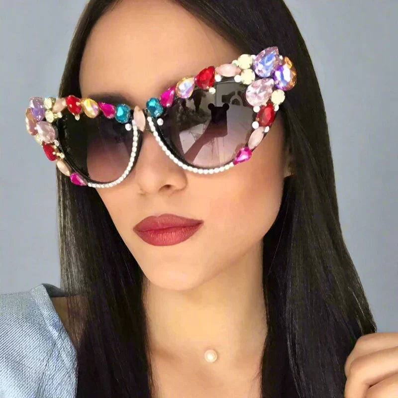 Premium Hand Designed Bejeweled Sunglasses in Oversized Cat Eye Style