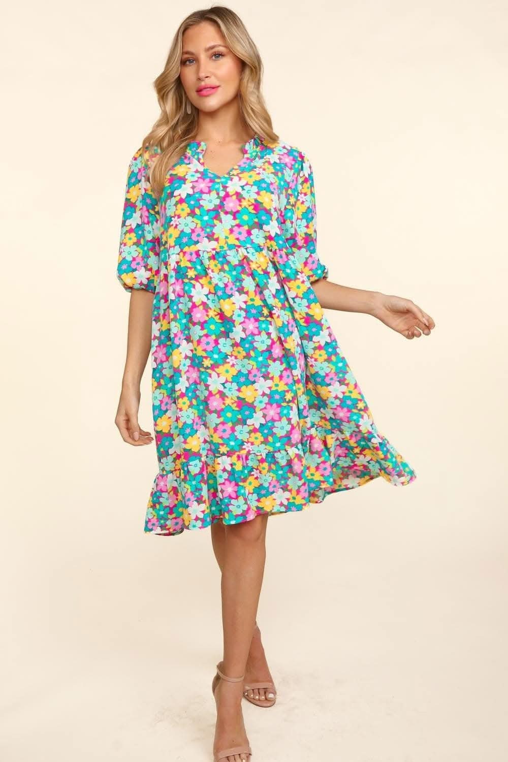 Haptics Bubble Sleeve Floral Ruffled Dress for Effortless Charm