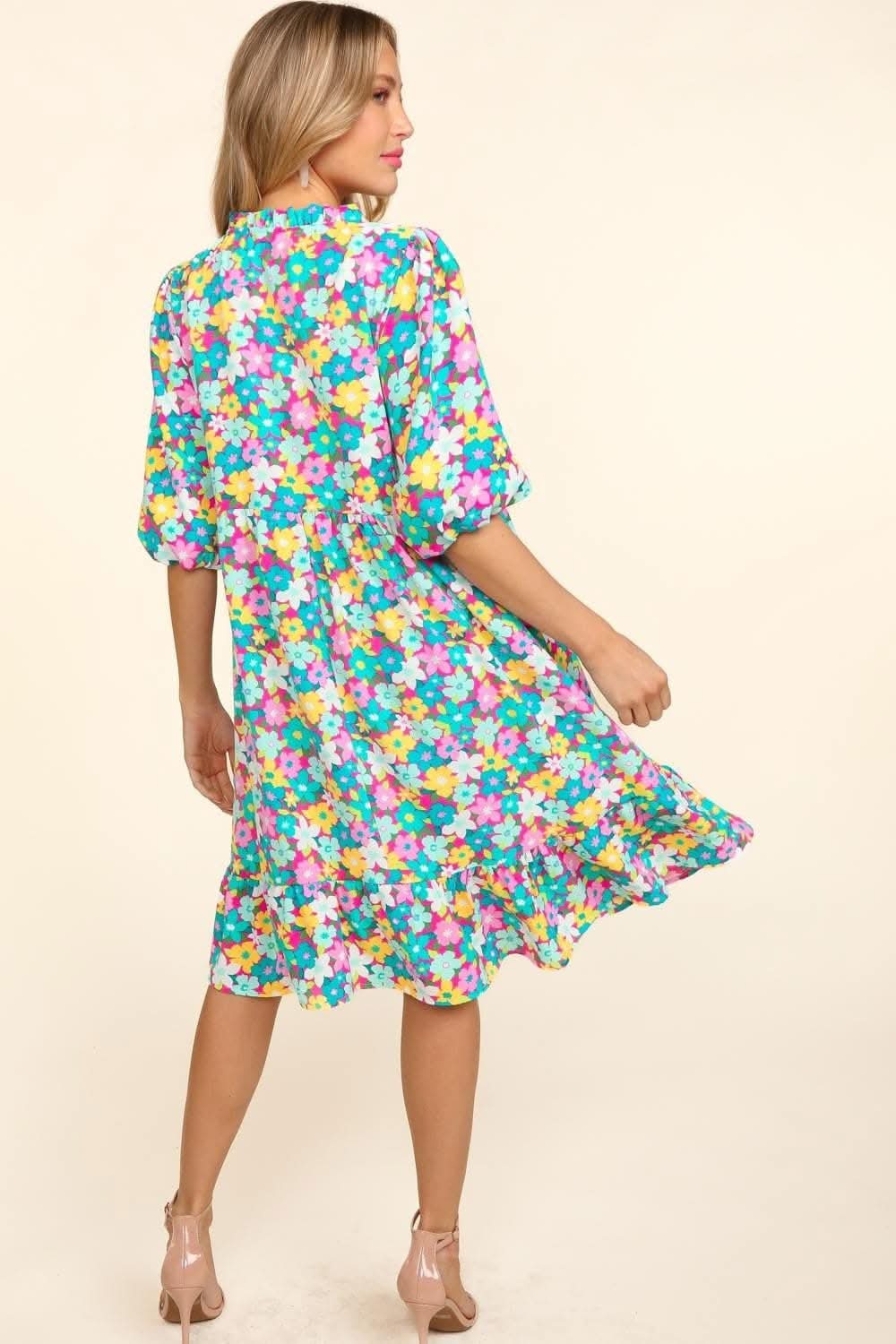 Haptics Bubble Sleeve Floral Ruffled Dress for Effortless Charm
