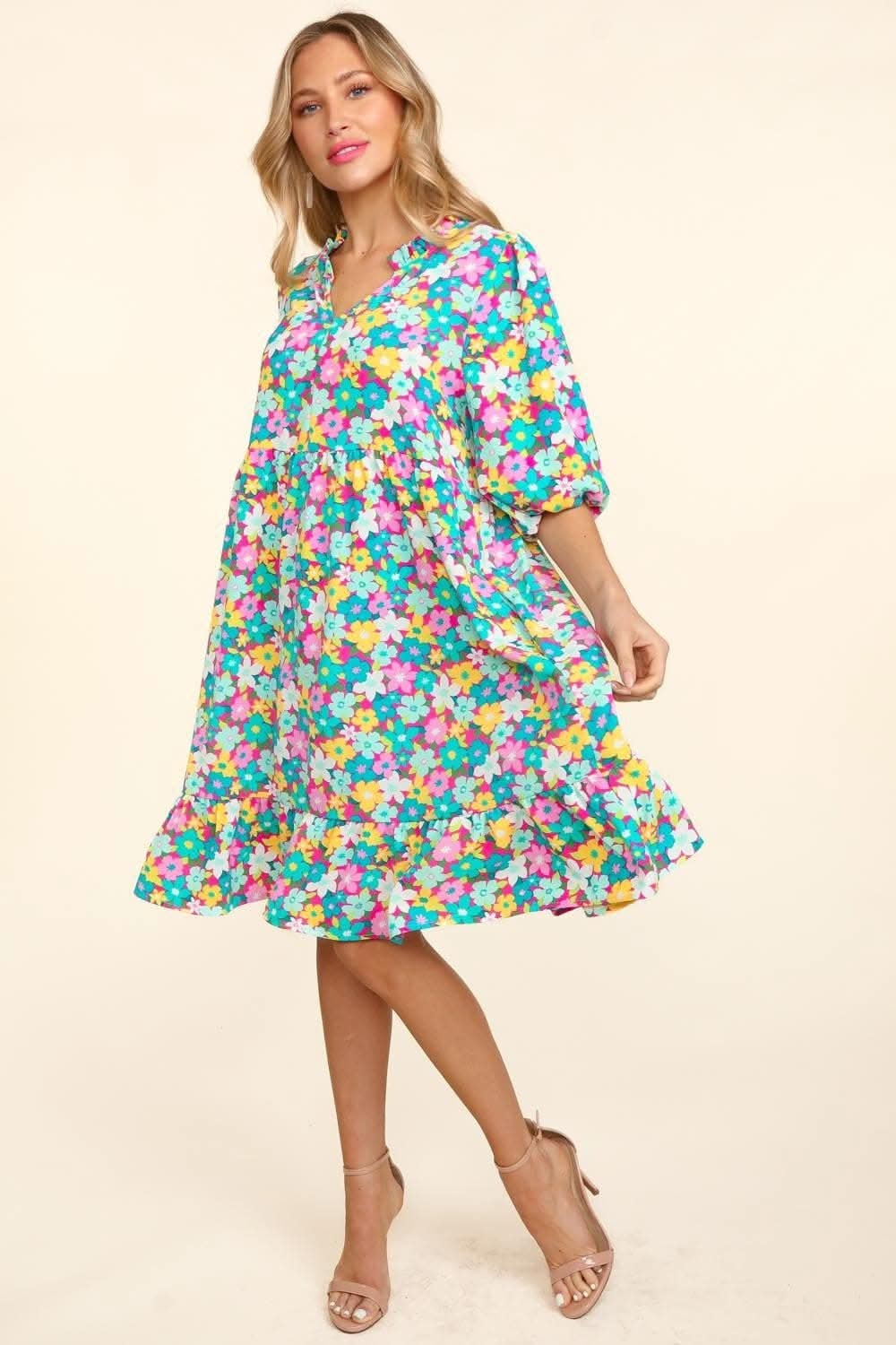 Haptics Bubble Sleeve Floral Ruffled Dress for Effortless Charm