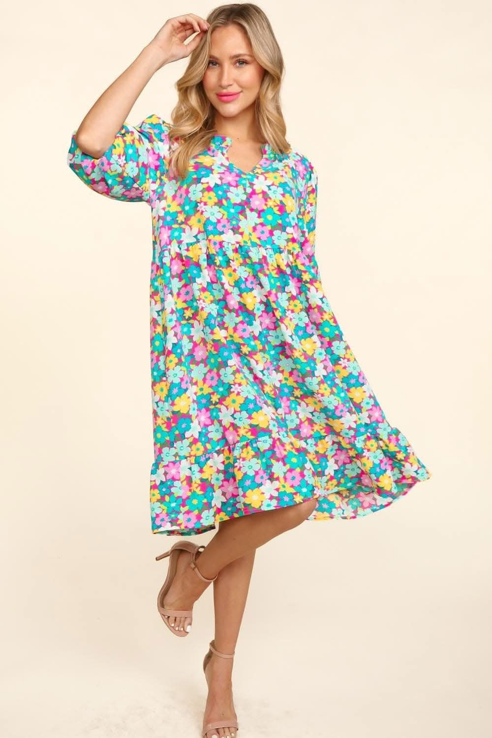 Haptics Bubble Sleeve Floral Ruffled Dress for Effortless Charm