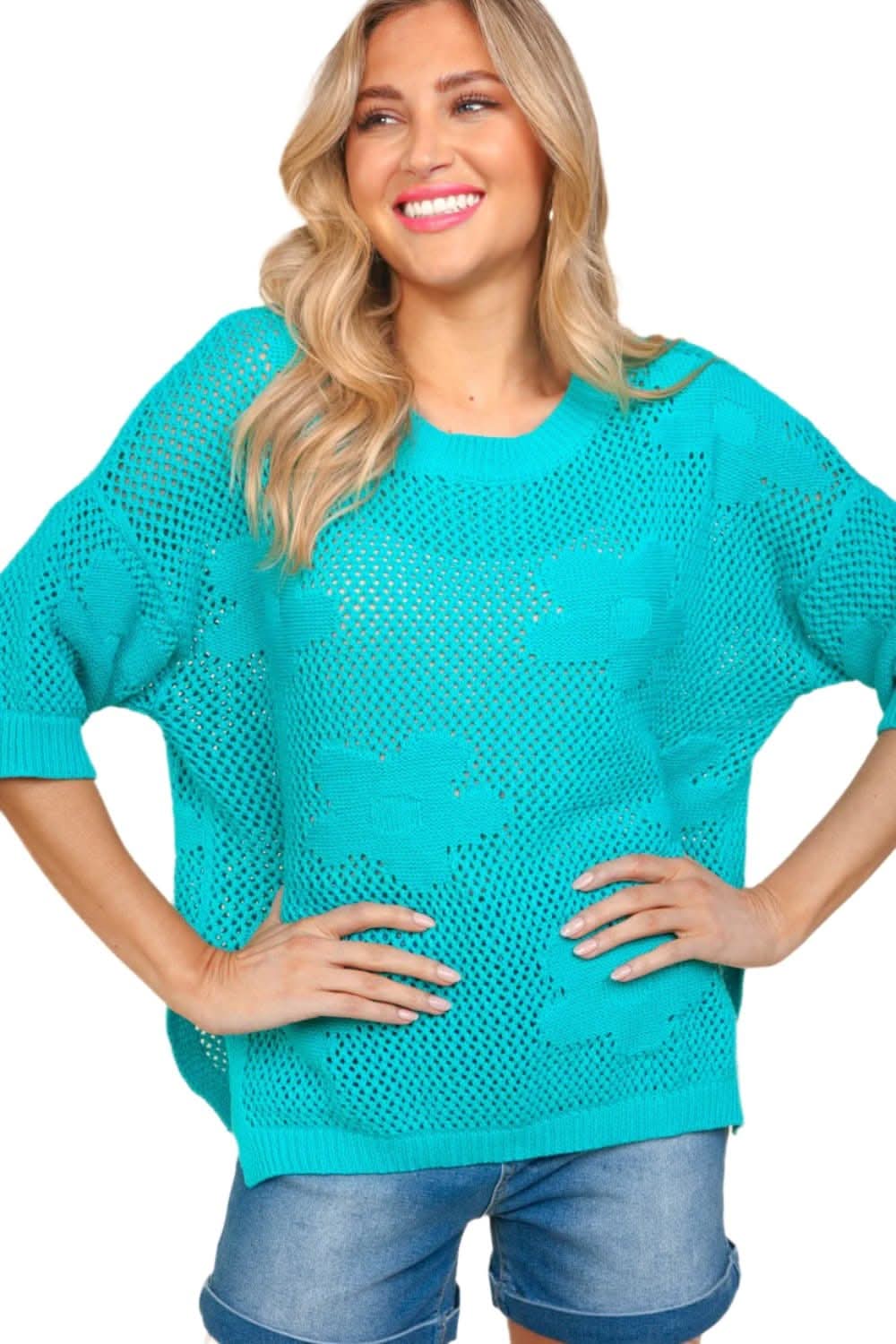 Haptics Floral Crochet Side Slit Knit Top