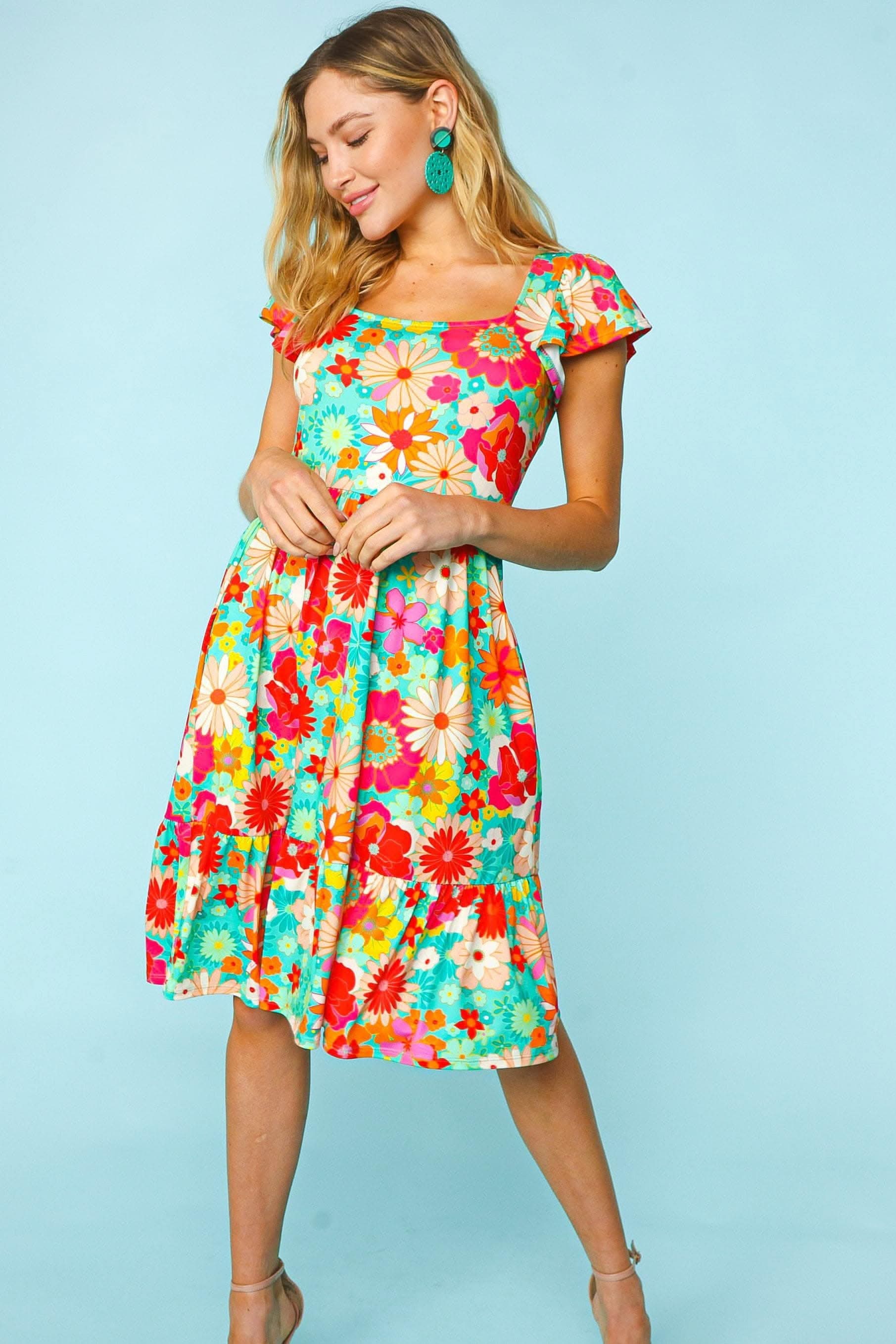 Haptics Floral Square Neck Short Sleeve Dress Charm