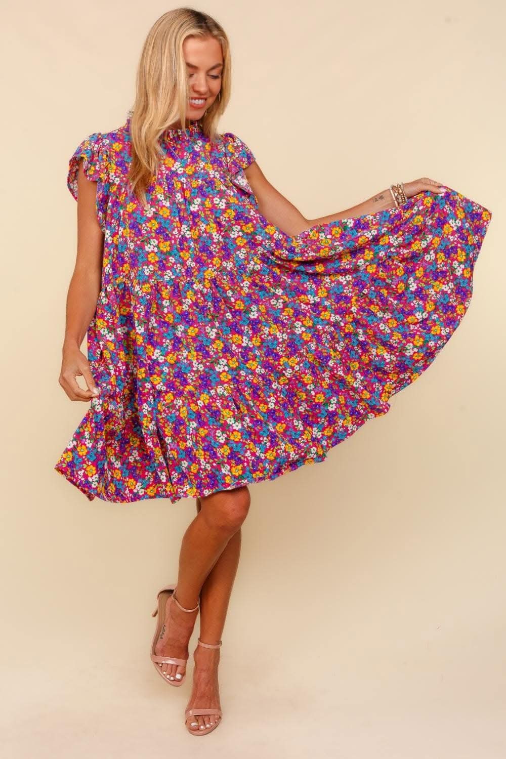 Haptics Frilled Mock Neck Ditsy Floral Dress Delight