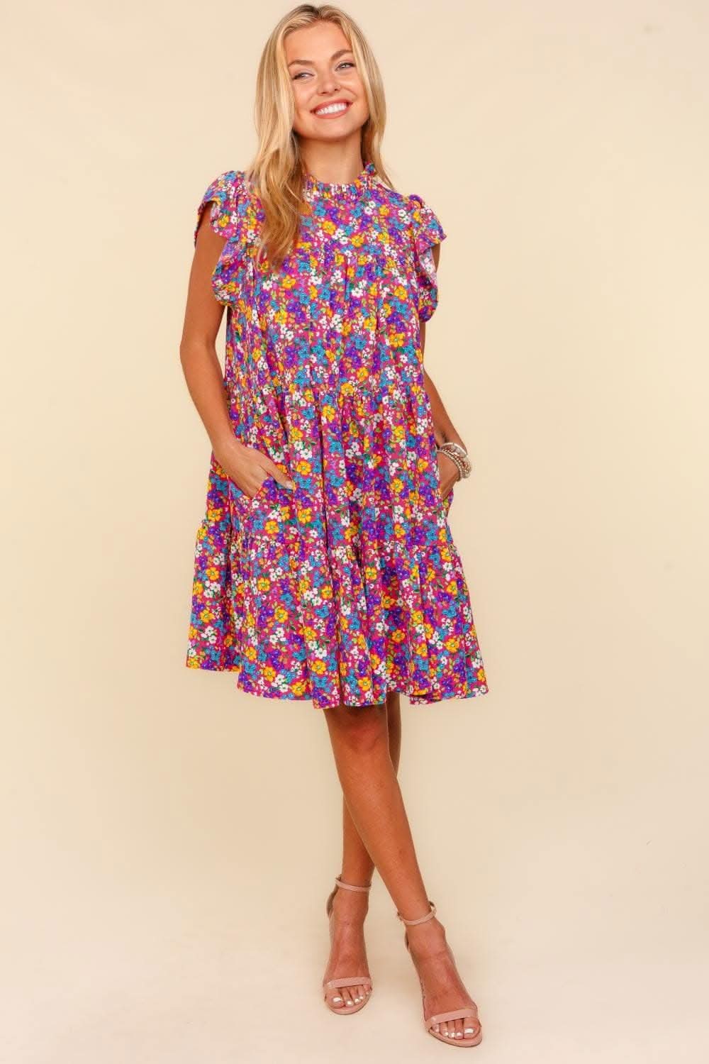 Haptics Frilled Mock Neck Ditsy Floral Dress Delight