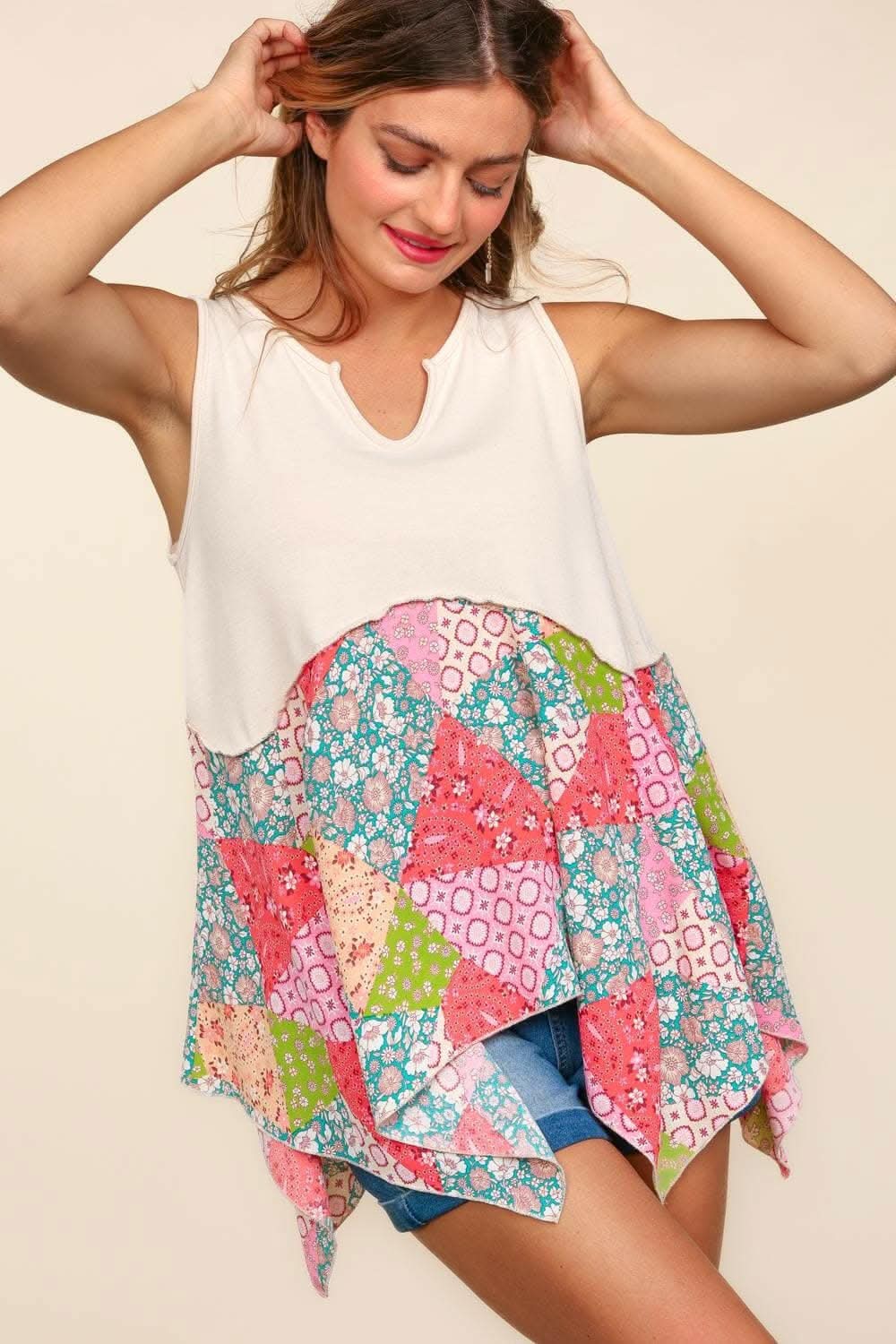 Haptics Full Size Patchwork Shark Bite Color Block Tank