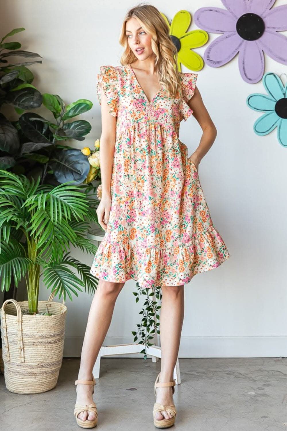Heimish Full Size Floral Ruffled V-Neck Dress Elegance