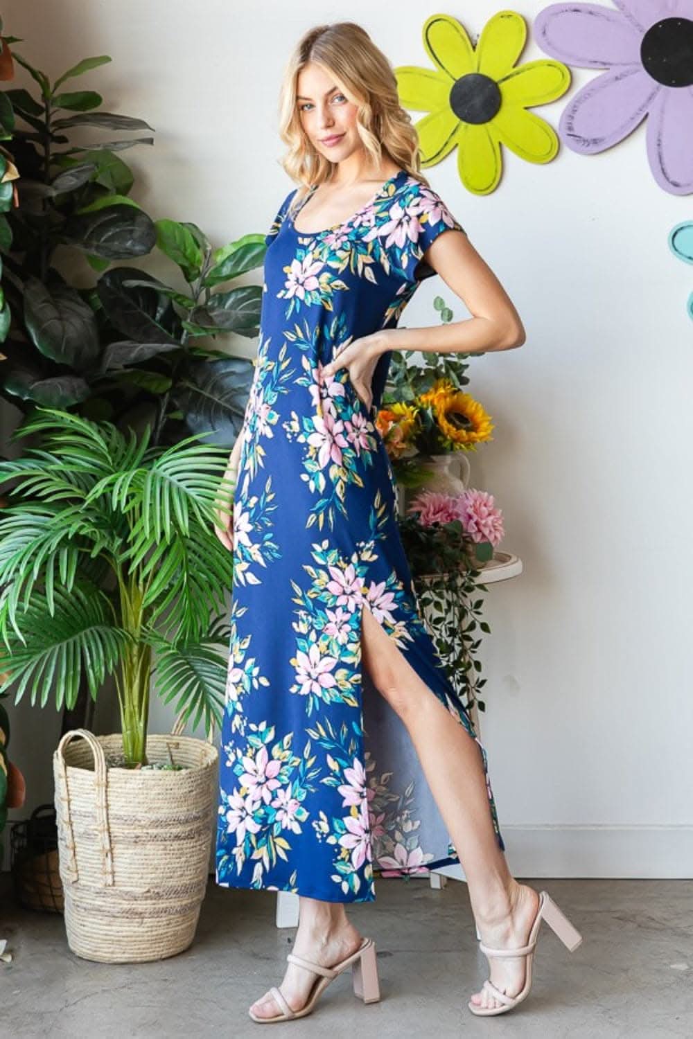 Heimish Full Size Floral Short Sleeve Slit Dress Elegance