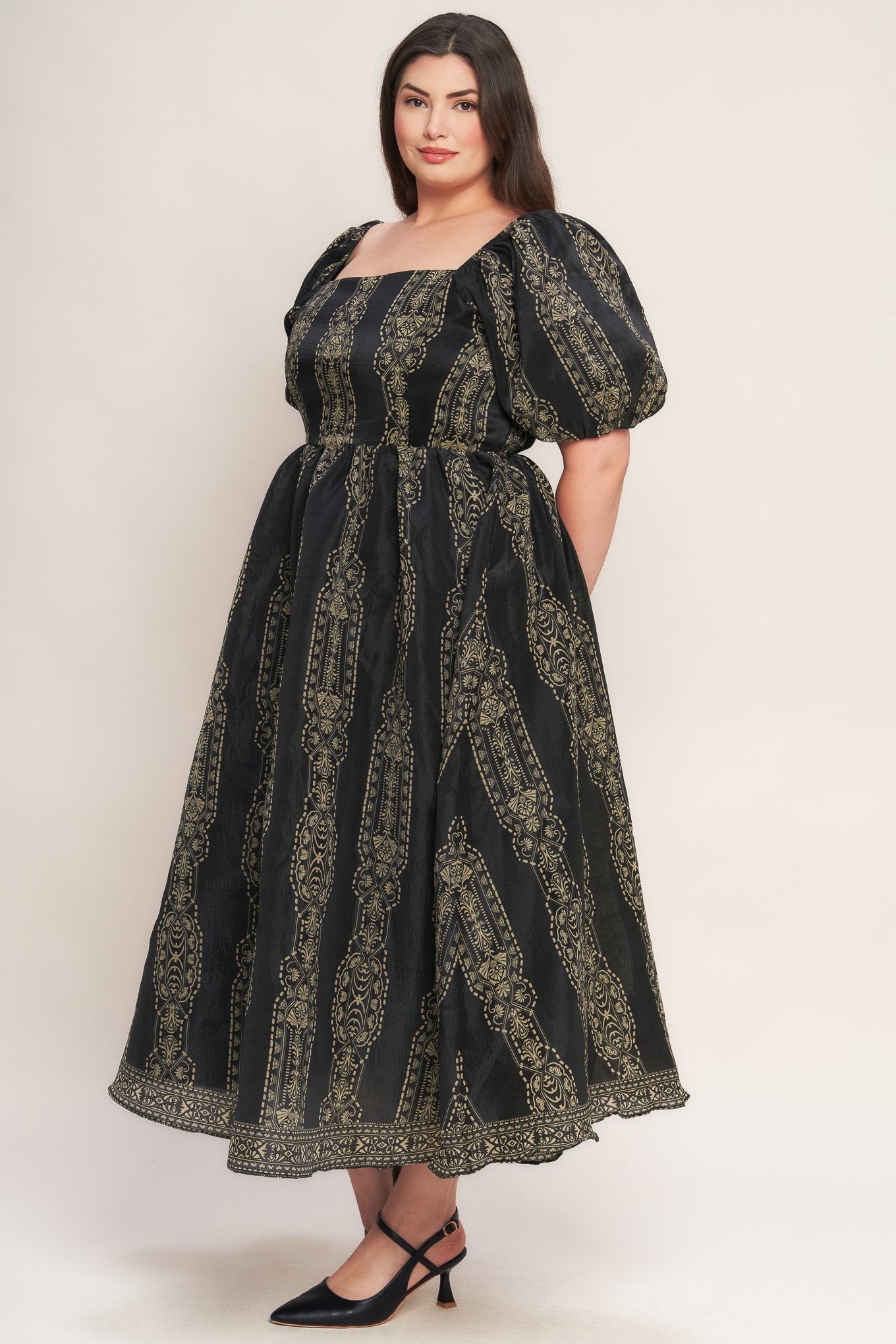 VINTAGE SQUARE WOVEN MIDI DRESS