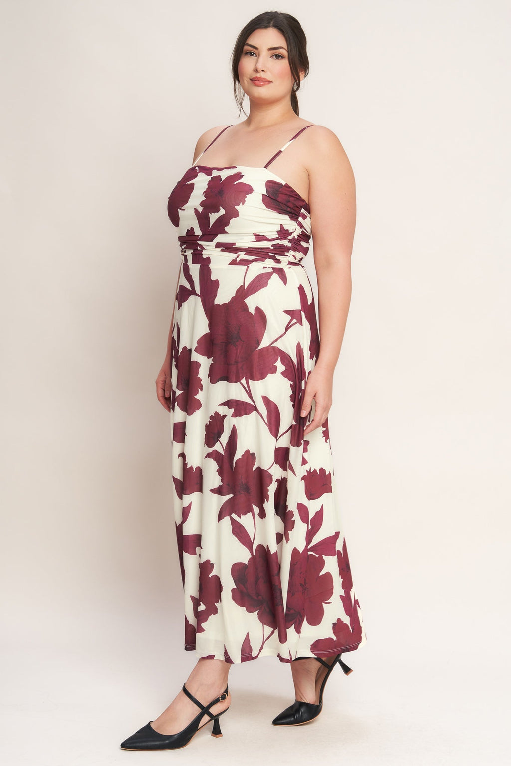 WINE BLOOM POWER MESH MIDI DRESS