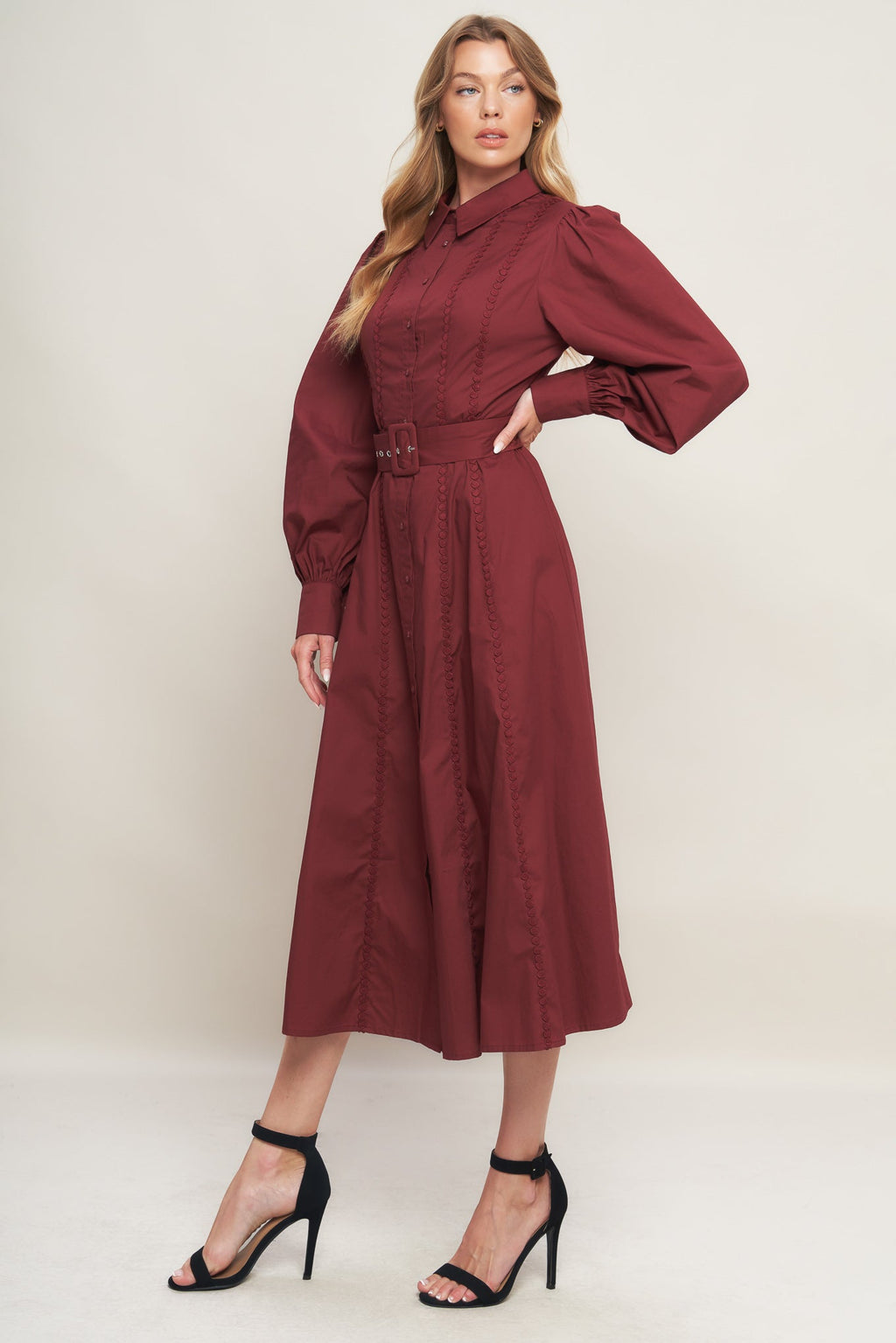 MODERN FEMME BURGUNDY WOVEN MIDI DRESS
