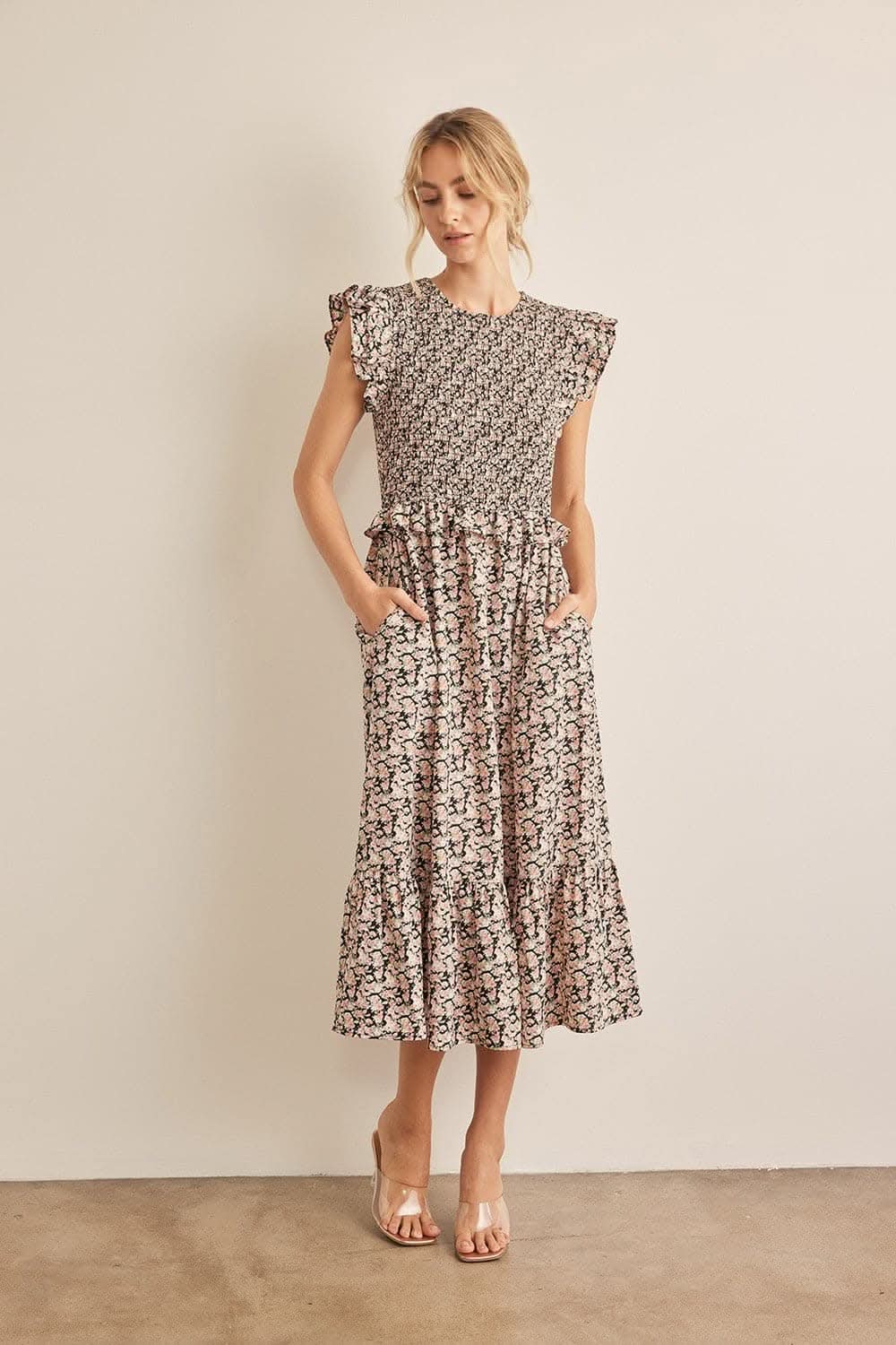 In February Floral Smocked Ruffled Midi Dress Elegance
