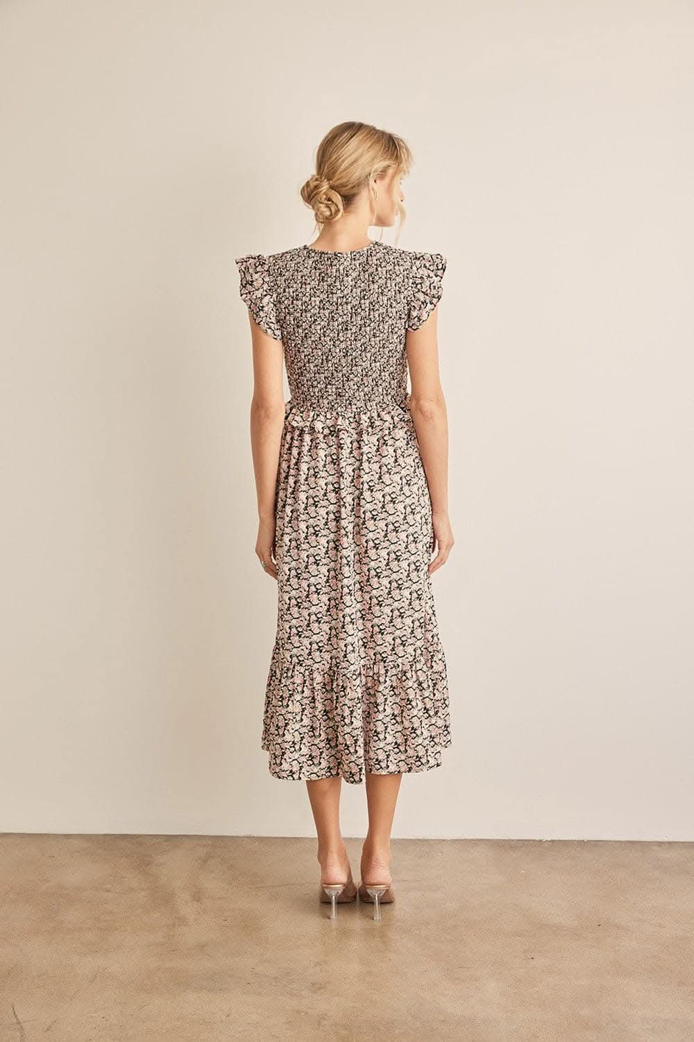 In February Floral Smocked Ruffled Midi Dress Elegance