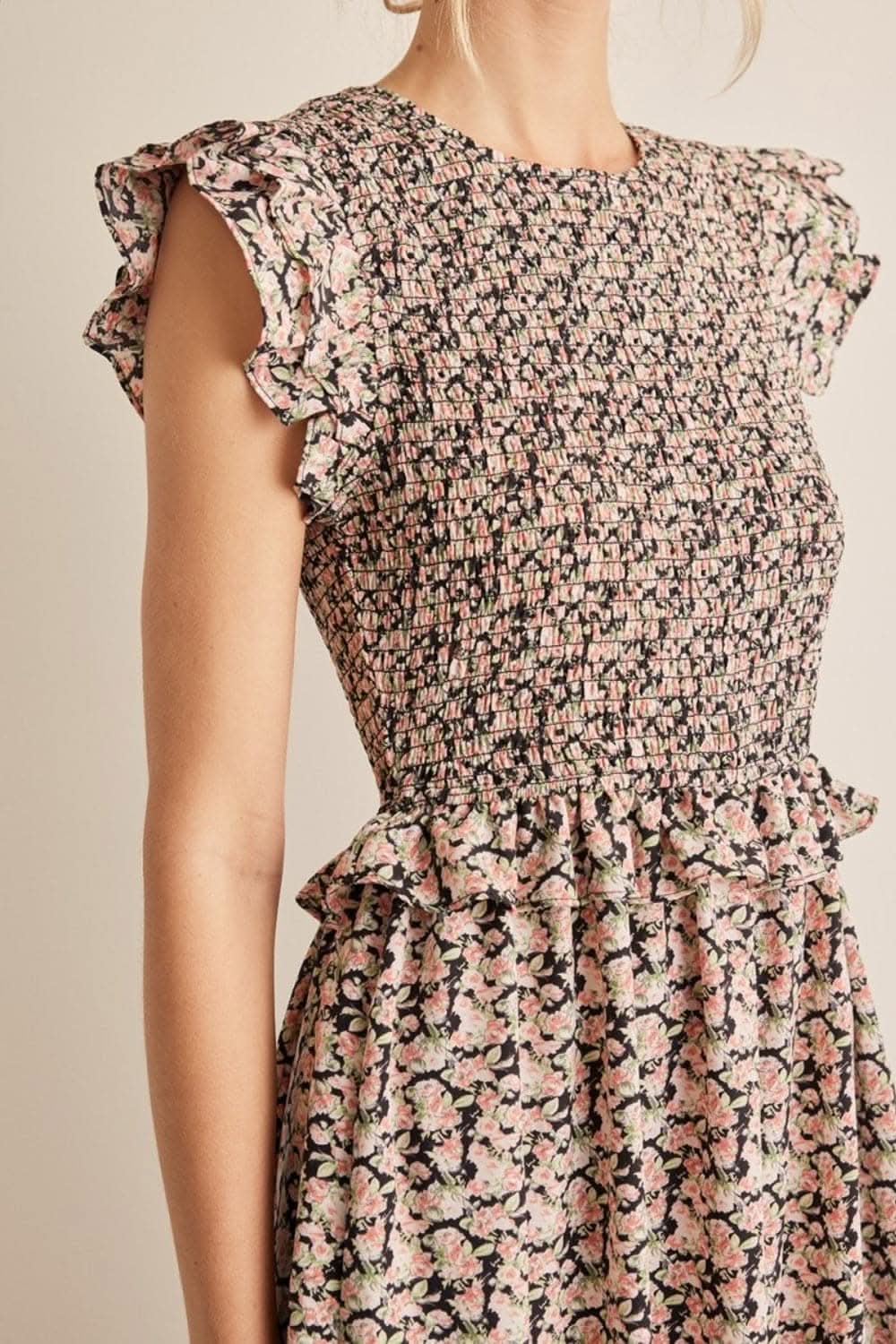 In February Floral Smocked Ruffled Midi Dress Elegance