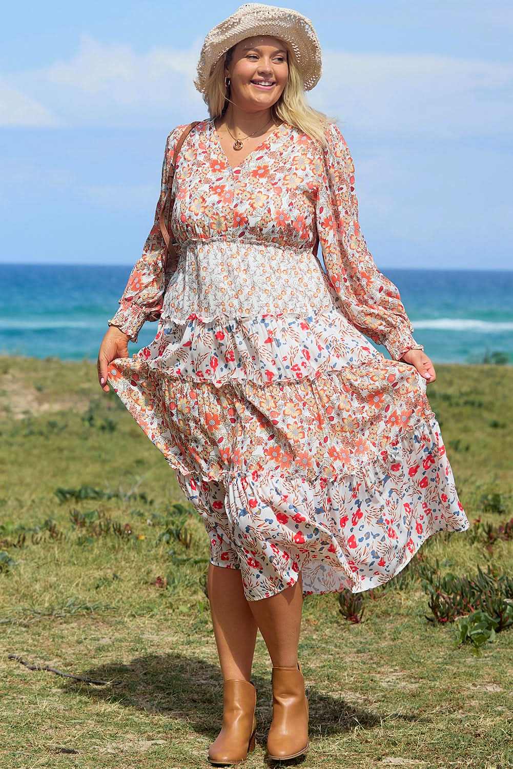 Khaki floral plus size maxi dress