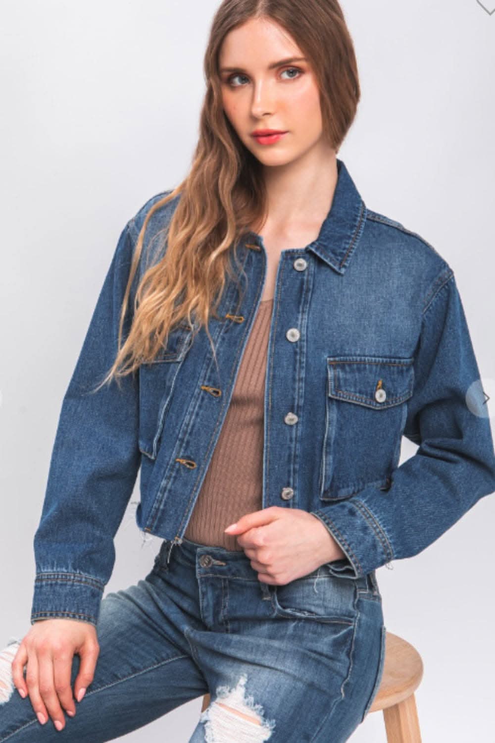 Premium Love Tree Raw Hem Button Up Cropped Denim Jacket
