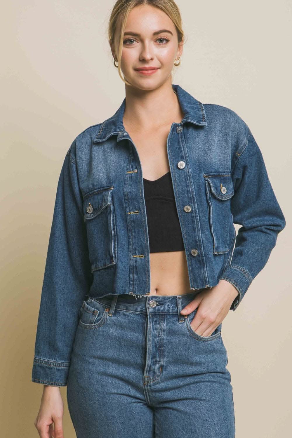 Premium Love Tree Raw Hem Button Up Cropped Denim Jacket